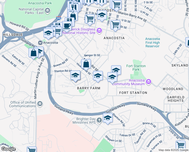 map of restaurants, bars, coffee shops, grocery stores, and more near 1516 Howard Road Southeast in Washington