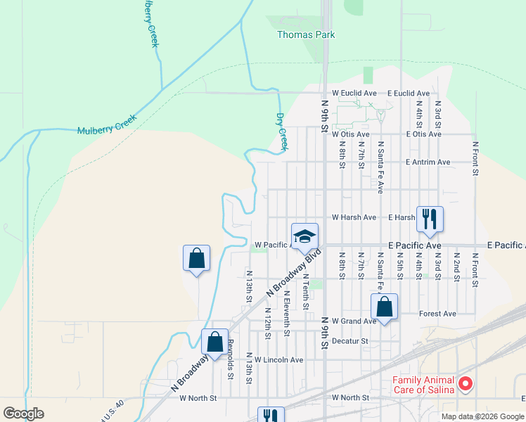 map of restaurants, bars, coffee shops, grocery stores, and more near West Harsh Avenue in Salina