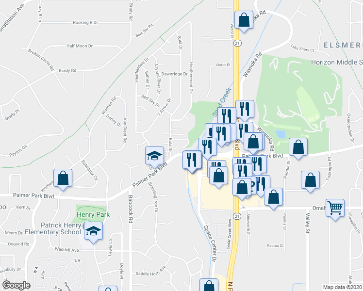 map of restaurants, bars, coffee shops, grocery stores, and more near 1705 Bula Drive in Colorado Springs