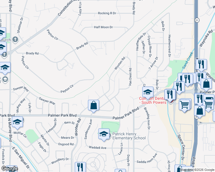 map of restaurants, bars, coffee shops, grocery stores, and more near 1723 Wooten Road in Colorado Springs
