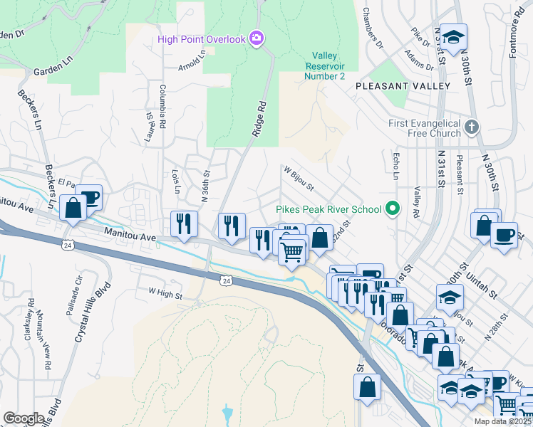 map of restaurants, bars, coffee shops, grocery stores, and more near 3342 West Pikes Peak Avenue in Colorado Springs