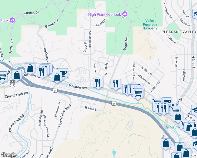 map of restaurants, bars, coffee shops, grocery stores, and more near 3610 West Pikes Peak Avenue in Colorado Springs