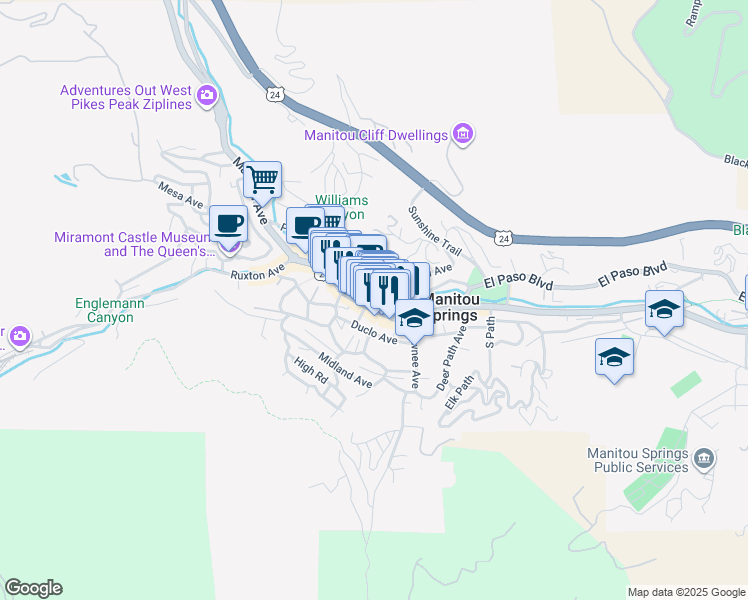 map of restaurants, bars, coffee shops, grocery stores, and more near 742a Manitou Avenue in Manitou Springs