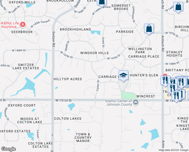 map of restaurants, bars, coffee shops, grocery stores, and more near 14808 Carter Road in Overland Park
