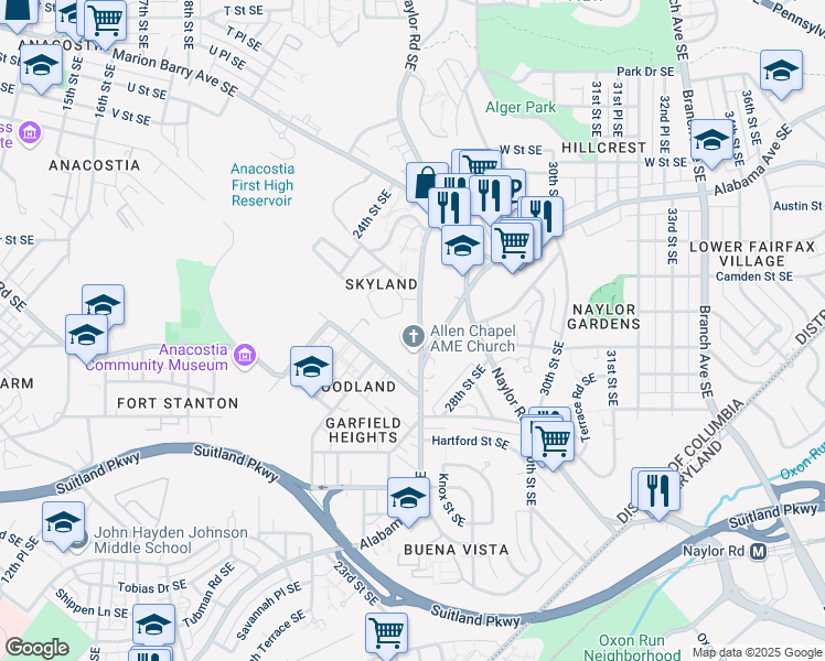 map of restaurants, bars, coffee shops, grocery stores, and more near 2501 25th Street Southeast in Washington