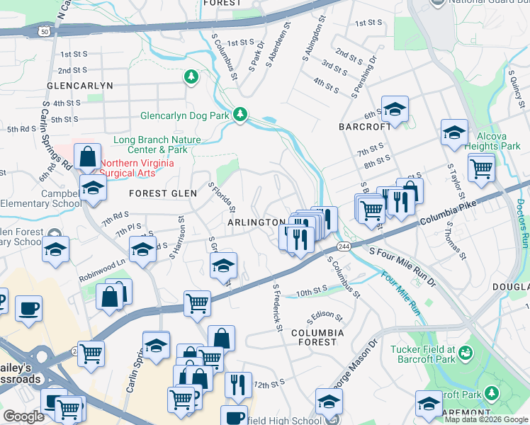 map of restaurants, bars, coffee shops, grocery stores, and more near 8th Road South in Arlington