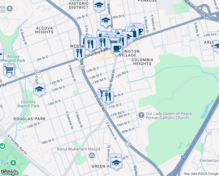 map of restaurants, bars, coffee shops, grocery stores, and more near 14th Street South in Arlington