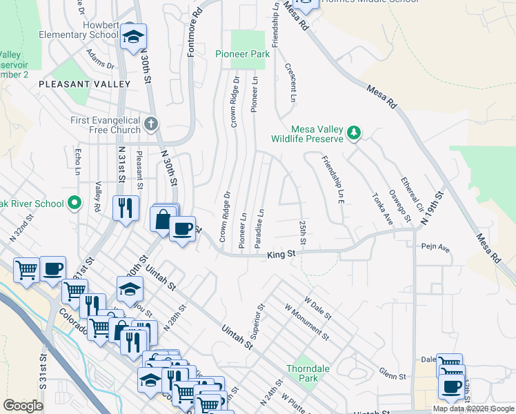 map of restaurants, bars, coffee shops, grocery stores, and more near 650 Paradise Lane in Colorado Springs