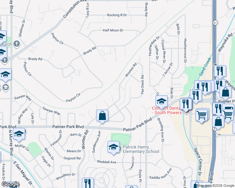 map of restaurants, bars, coffee shops, grocery stores, and more near 1723 Wooten Road in Colorado Springs