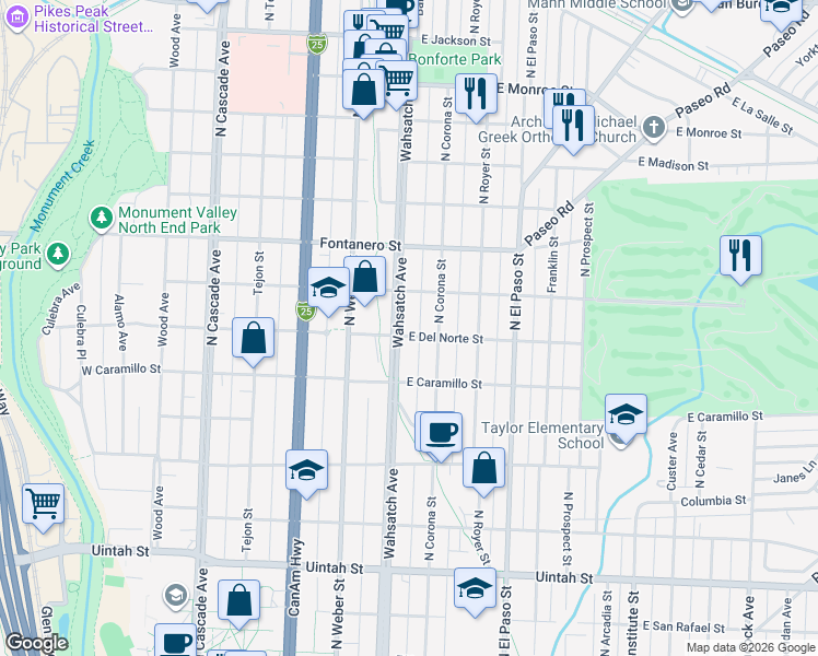 map of restaurants, bars, coffee shops, grocery stores, and more near 331 East Del Norte Street in Colorado Springs