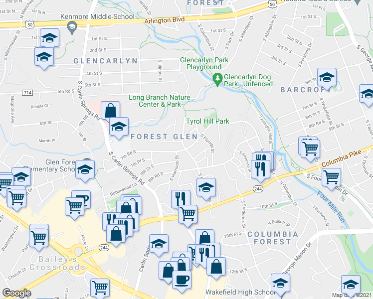 map of restaurants, bars, coffee shops, grocery stores, and more near 7th Rd S & S Greenbrier St in Arlington