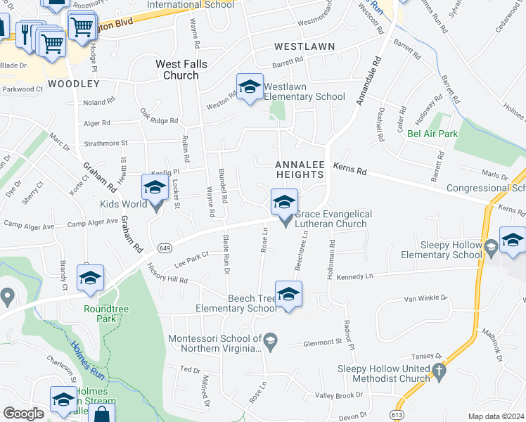 map of restaurants, bars, coffee shops, grocery stores, and more near 3294 Blue Heron Drive in Falls Church