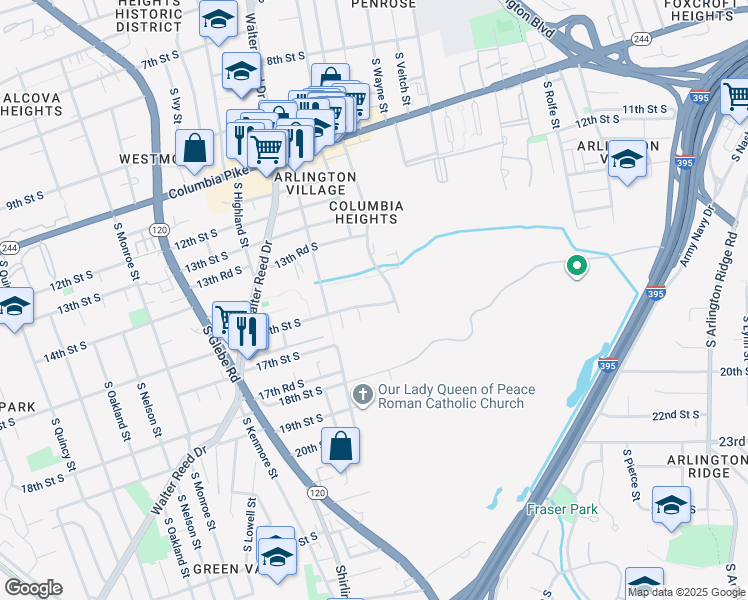map of restaurants, bars, coffee shops, grocery stores, and more near 2601 16th Street South in Arlington
