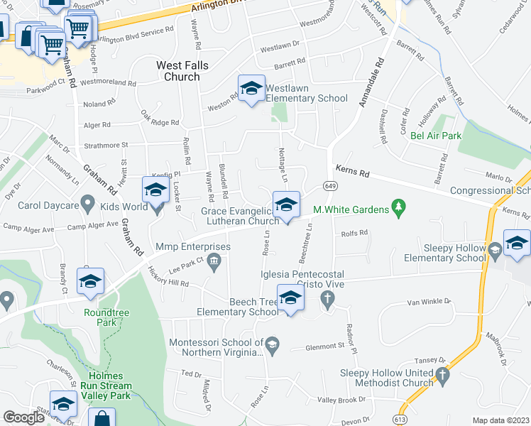 map of restaurants, bars, coffee shops, grocery stores, and more near 3294 Blue Heron Drive in Falls Church