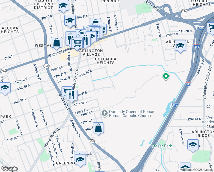 map of restaurants, bars, coffee shops, grocery stores, and more near 2601 16th Street South in Arlington