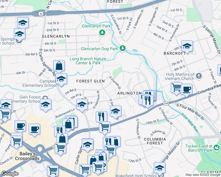 map of restaurants, bars, coffee shops, grocery stores, and more near 801 South Greenbrier Street in Arlington