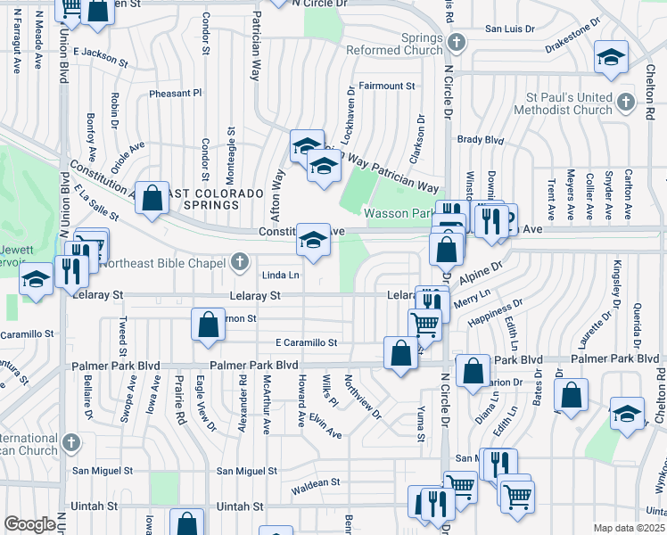 map of restaurants, bars, coffee shops, grocery stores, and more near 1801 Howard Avenue in Colorado Springs