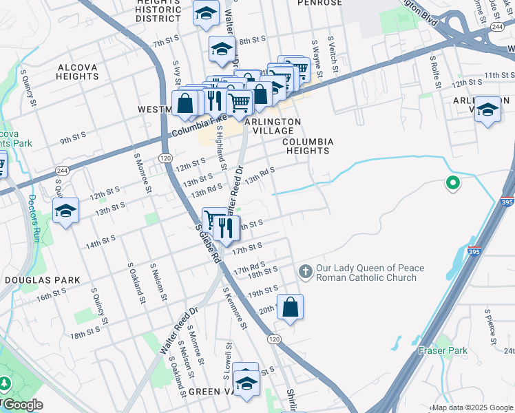 map of restaurants, bars, coffee shops, grocery stores, and more near 2909 16th Street South in Arlington
