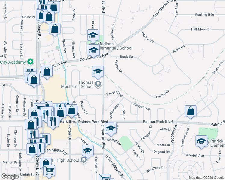 map of restaurants, bars, coffee shops, grocery stores, and more near 1625 North Murray Boulevard in Colorado Springs