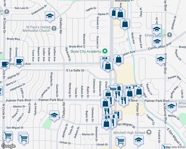 map of restaurants, bars, coffee shops, grocery stores, and more near 3710 East La Salle Street in Colorado Springs