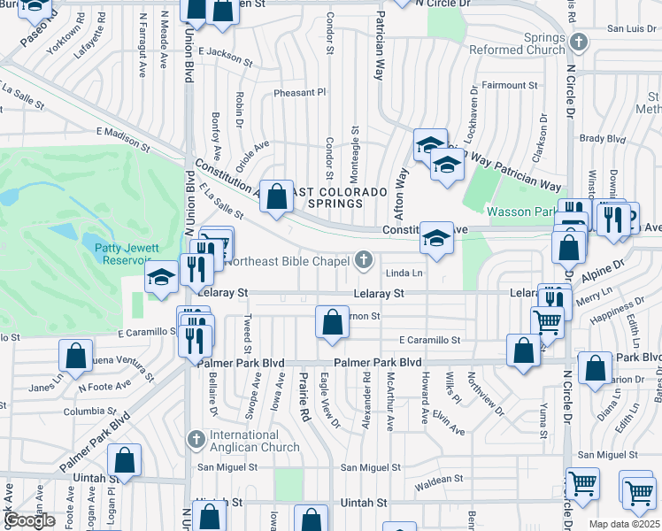 map of restaurants, bars, coffee shops, grocery stores, and more near 1713 Monteagle Street in Colorado Springs