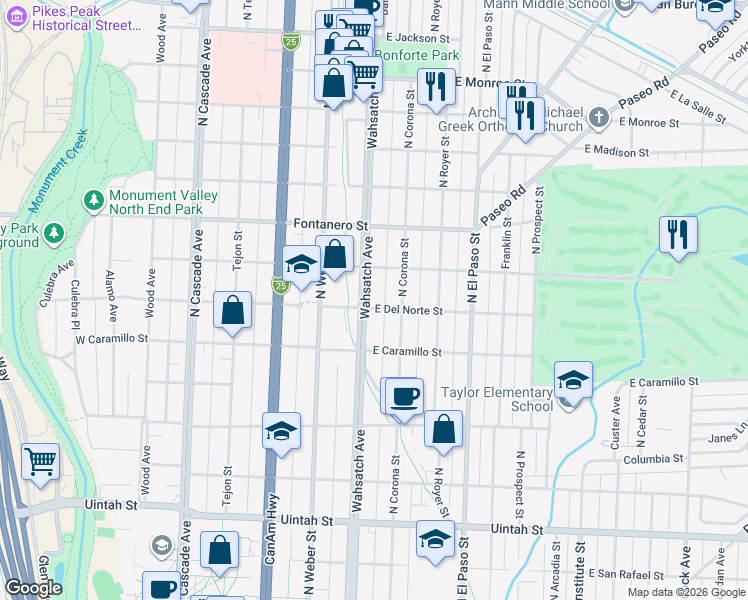 map of restaurants, bars, coffee shops, grocery stores, and more near 331 East Del Norte Street in Colorado Springs