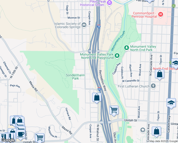 map of restaurants, bars, coffee shops, grocery stores, and more near 1618 Cooper Avenue in Colorado Springs