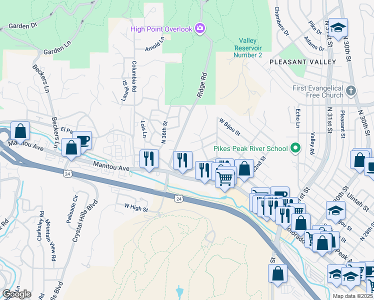 map of restaurants, bars, coffee shops, grocery stores, and more near 3421 West Kiowa Street in Colorado Springs