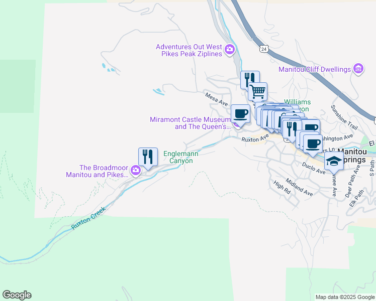 map of restaurants, bars, coffee shops, grocery stores, and more near 357 Ruxton Avenue in Manitou Springs