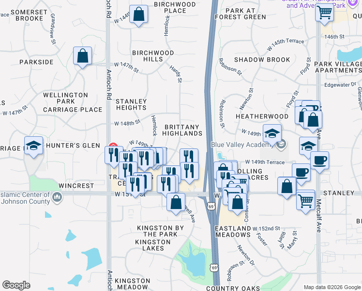 map of restaurants, bars, coffee shops, grocery stores, and more near 14909 Hardy Street in Overland Park