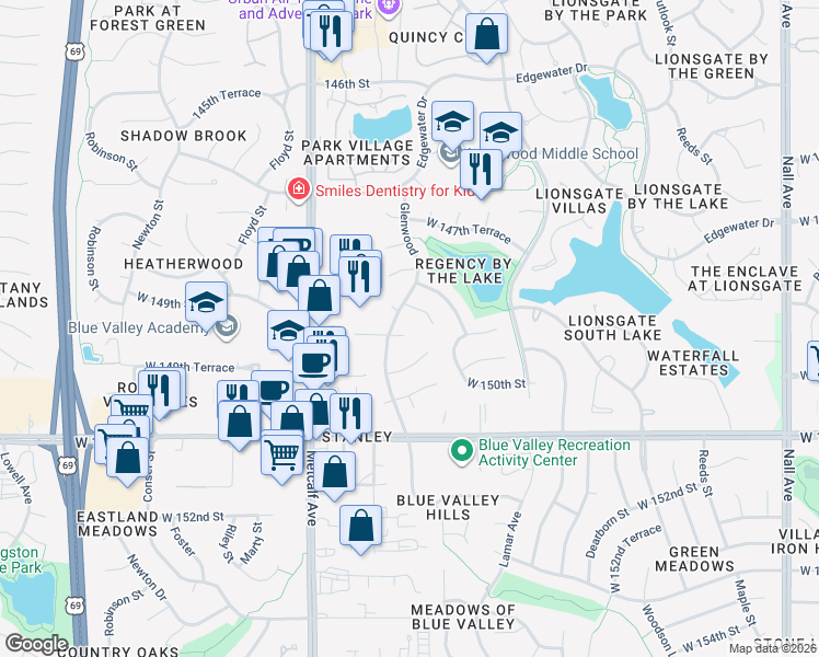 map of restaurants, bars, coffee shops, grocery stores, and more near 14918 Riggs Street in Overland Park