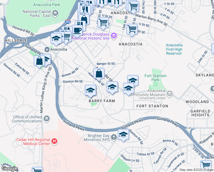 map of restaurants, bars, coffee shops, grocery stores, and more near 1506 Howard Road Southeast in Washington