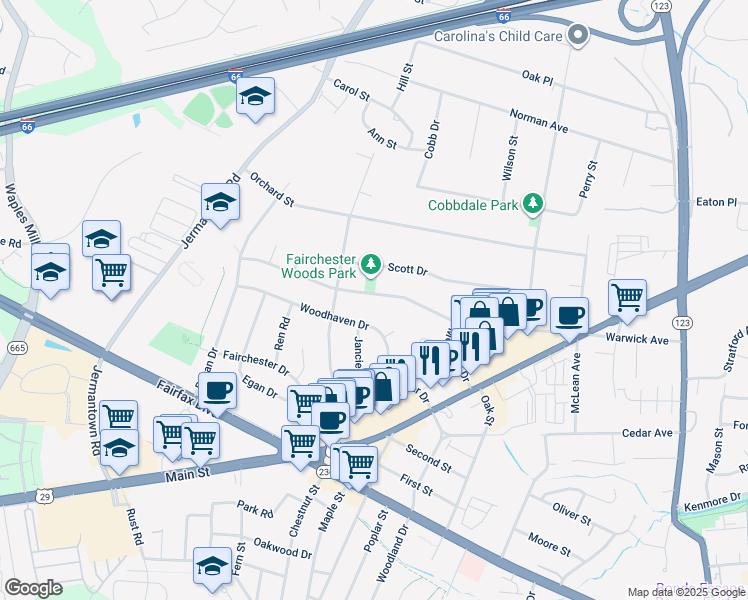 map of restaurants, bars, coffee shops, grocery stores, and more near 10833 Warwick Avenue in Fairfax