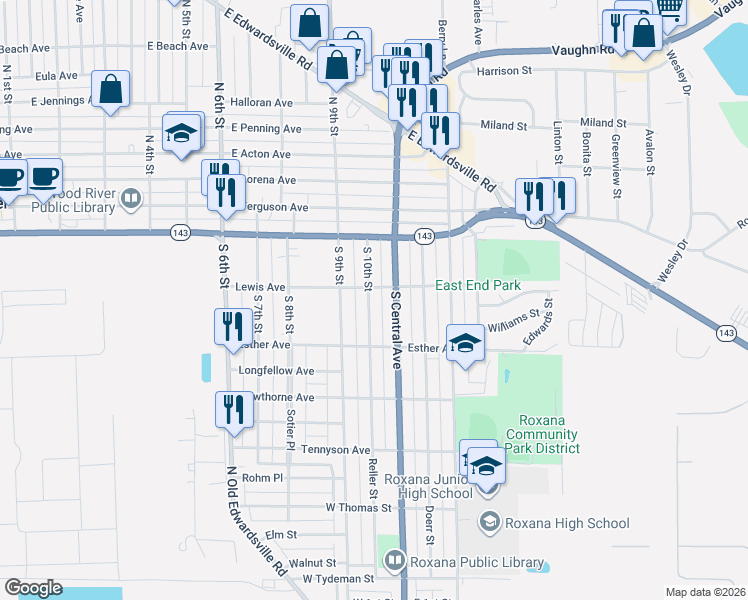 map of restaurants, bars, coffee shops, grocery stores, and more near 234 South Central Avenue in Wood River