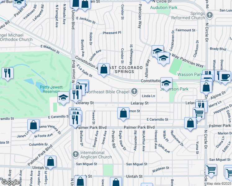 map of restaurants, bars, coffee shops, grocery stores, and more near 1803 Prairie Road in Colorado Springs