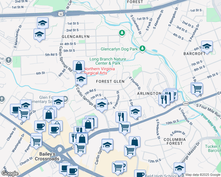 map of restaurants, bars, coffee shops, grocery stores, and more near 5503 7th Road South in Arlington