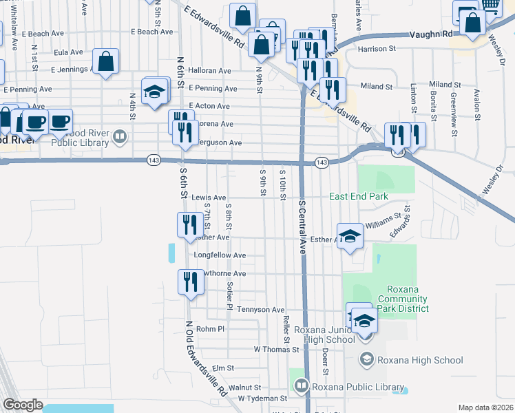map of restaurants, bars, coffee shops, grocery stores, and more near 232 South 9th Street in Wood River