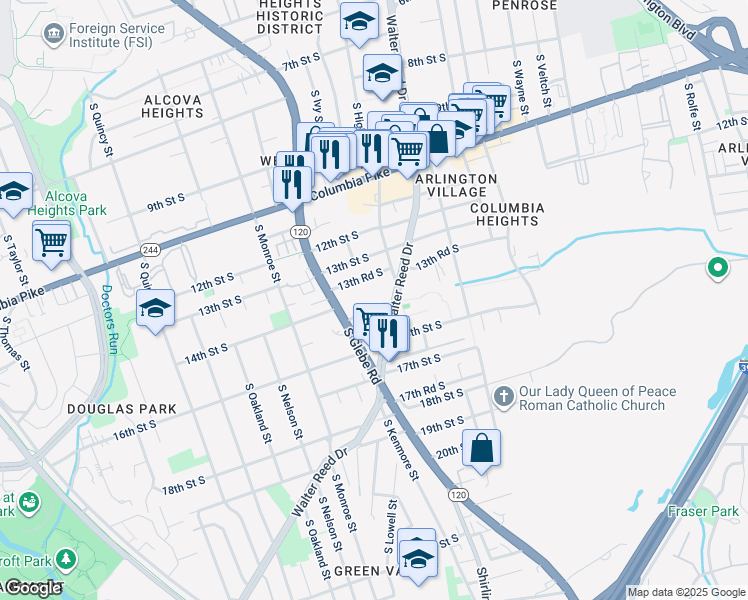 map of restaurants, bars, coffee shops, grocery stores, and more near 3153 14th Street South in Arlington