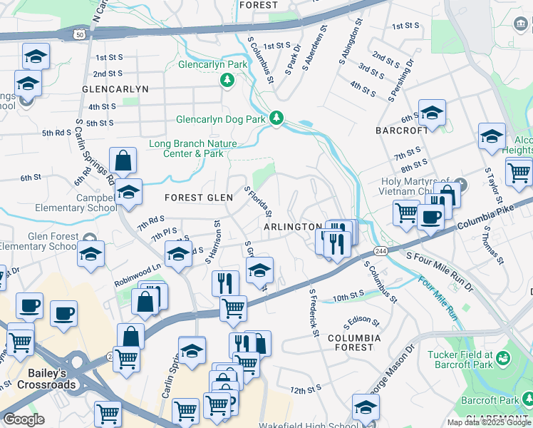 map of restaurants, bars, coffee shops, grocery stores, and more near 805 South Florida Street in Arlington