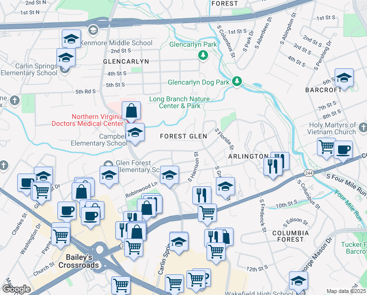 map of restaurants, bars, coffee shops, grocery stores, and more near 5503 7th Road South in Arlington
