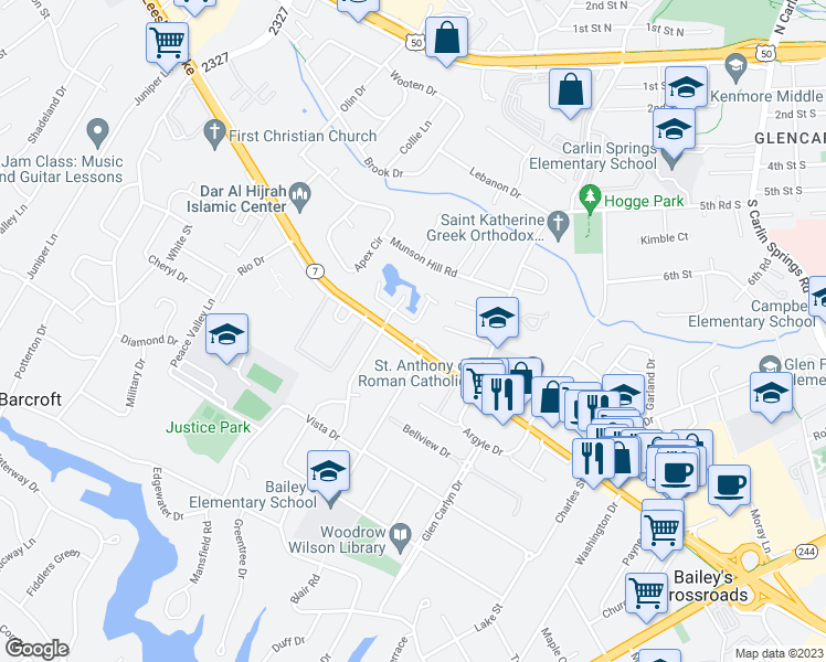 map of restaurants, bars, coffee shops, grocery stores, and more near 3403 Lakeside View Drive in Falls Church