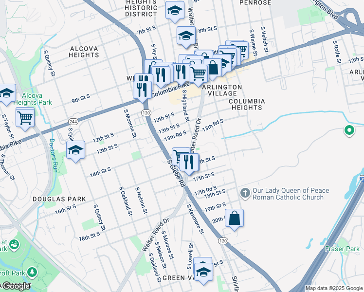 map of restaurants, bars, coffee shops, grocery stores, and more near 3153 14th Street South in Arlington