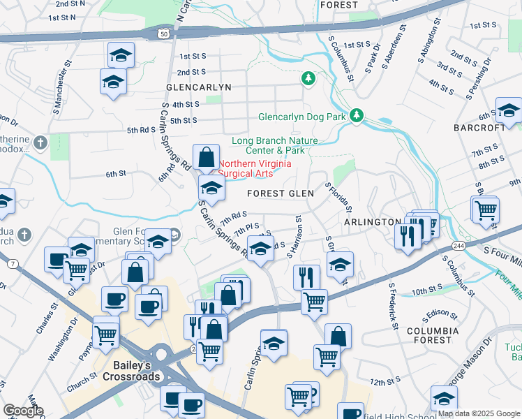 map of restaurants, bars, coffee shops, grocery stores, and more near 5603 7th Road South in Arlington