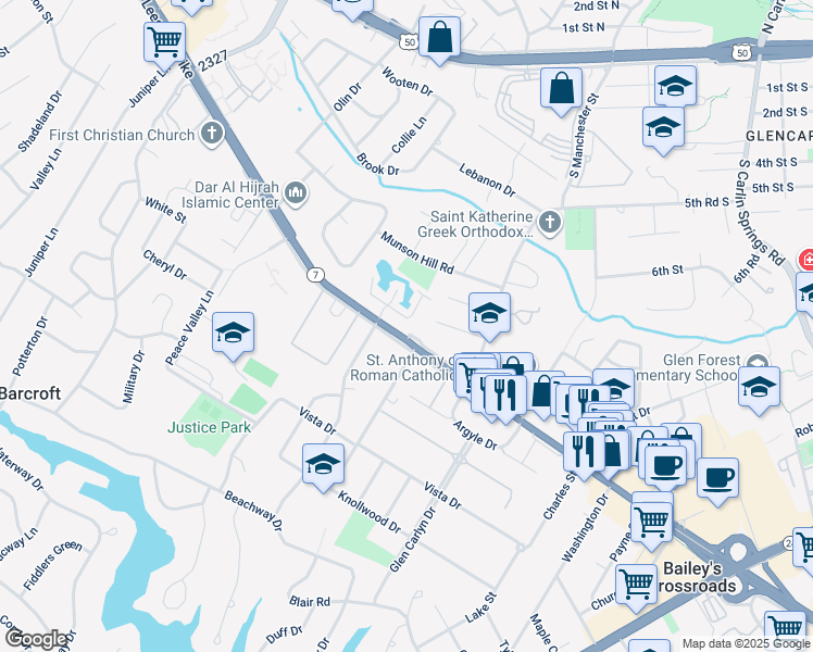 map of restaurants, bars, coffee shops, grocery stores, and more near 3403 Lakeside View Drive in Falls Church