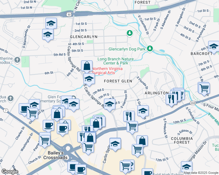 map of restaurants, bars, coffee shops, grocery stores, and more near 5603 7th Road South in Arlington