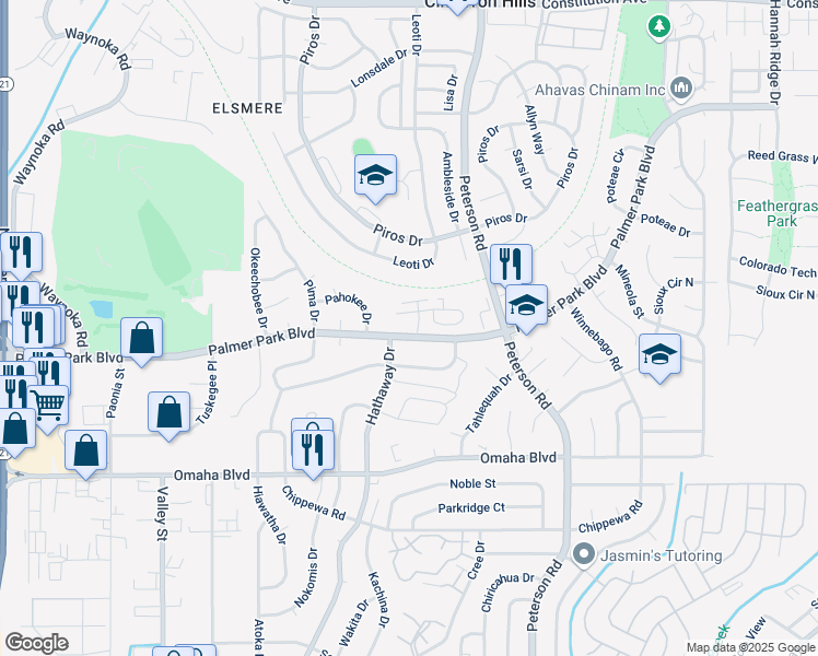 map of restaurants, bars, coffee shops, grocery stores, and more near 6615 Palmer Park Boulevard in Colorado Springs
