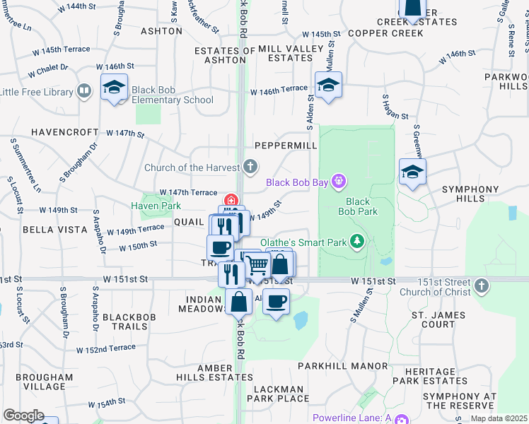 map of restaurants, bars, coffee shops, grocery stores, and more near 14924 West 149th Street in Olathe