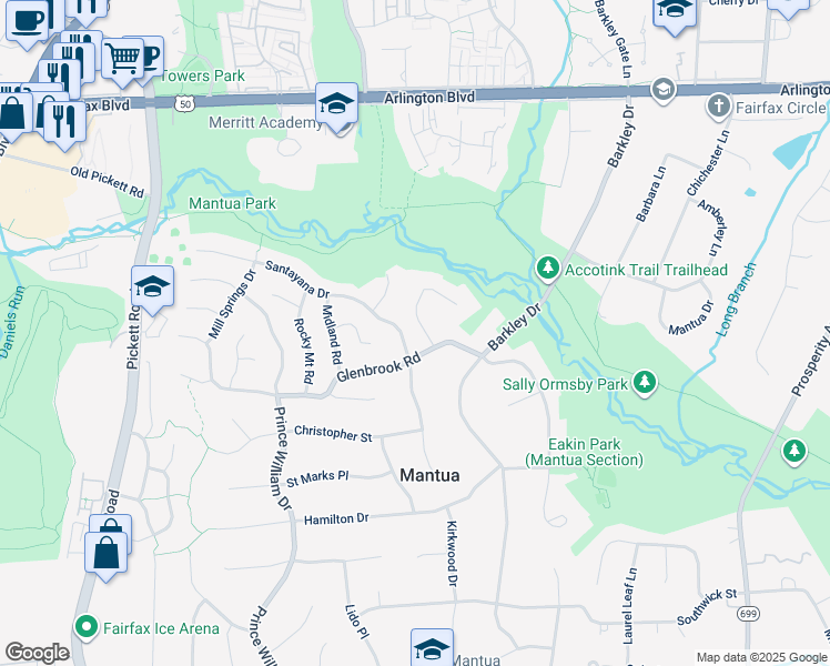 map of restaurants, bars, coffee shops, grocery stores, and more near 3322 Parkside Terrace in Fairfax