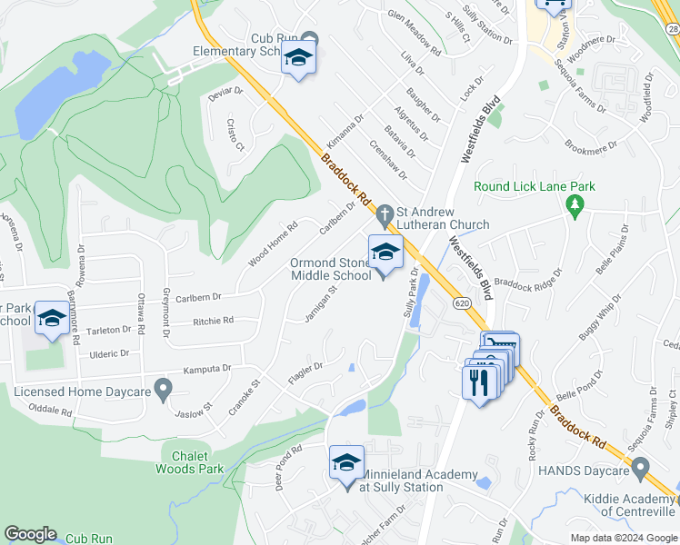 map of restaurants, bars, coffee shops, grocery stores, and more near 14712 Jarnigan Street in Centreville