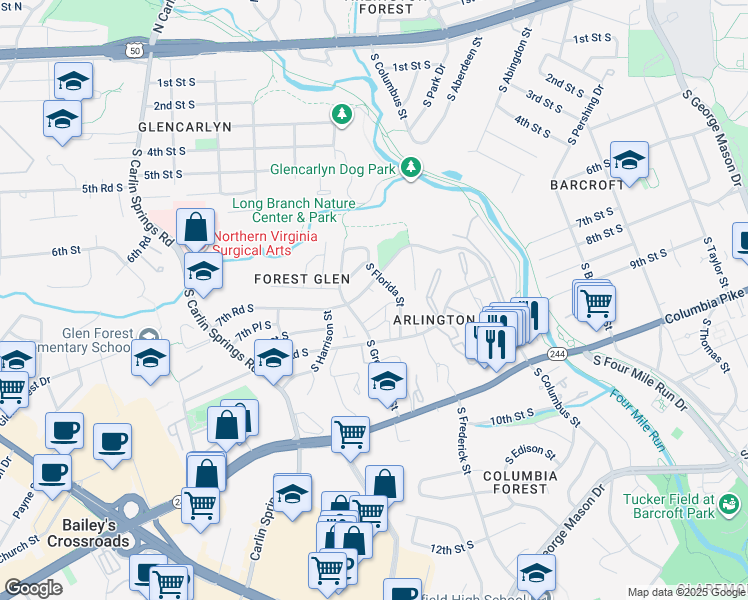map of restaurants, bars, coffee shops, grocery stores, and more near 801 South Greenbrier Street in Arlington